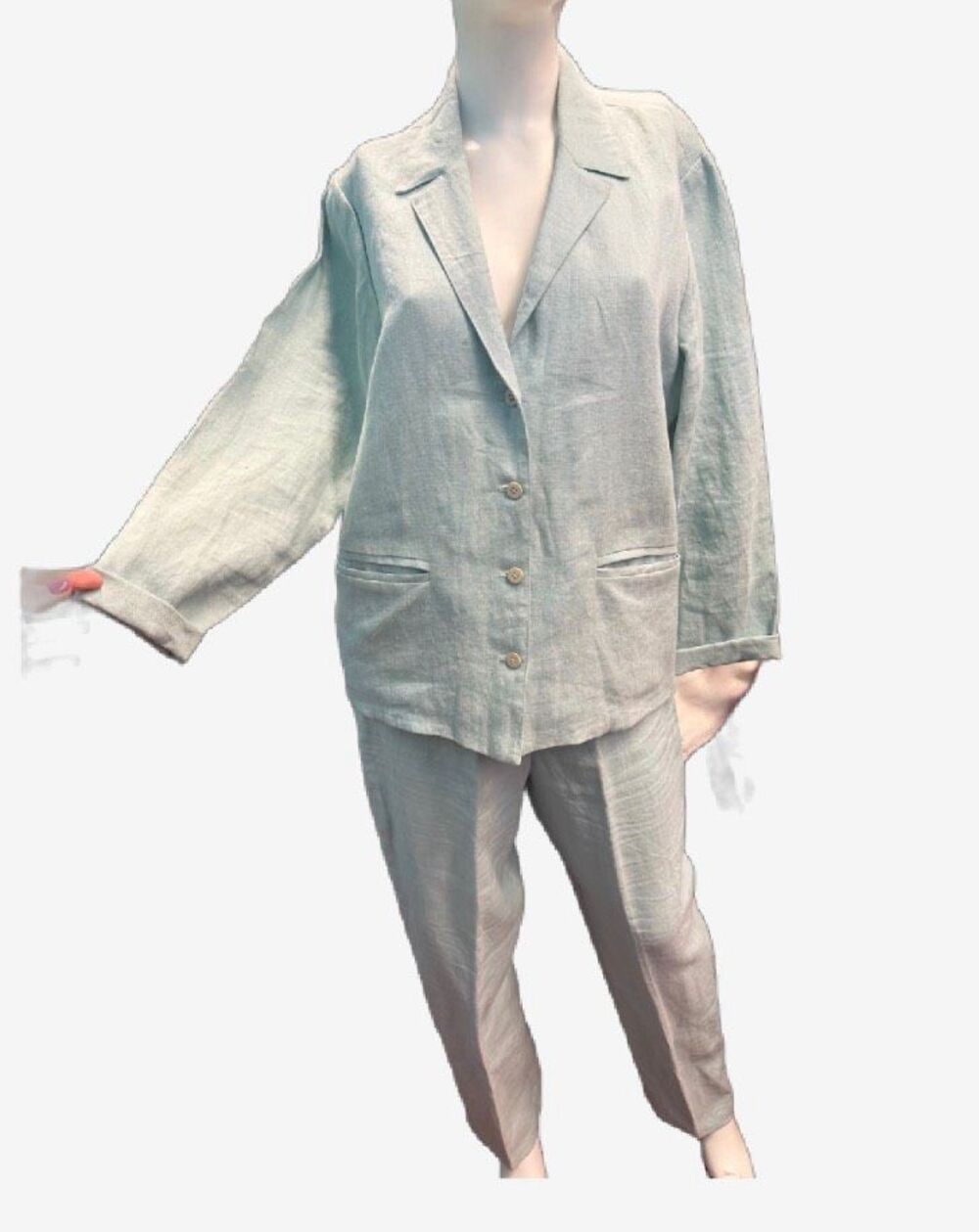 Eileen Fisher Blue Linen Suit Womens Size Medium 3 Piece Set Shorts Pants Blazer